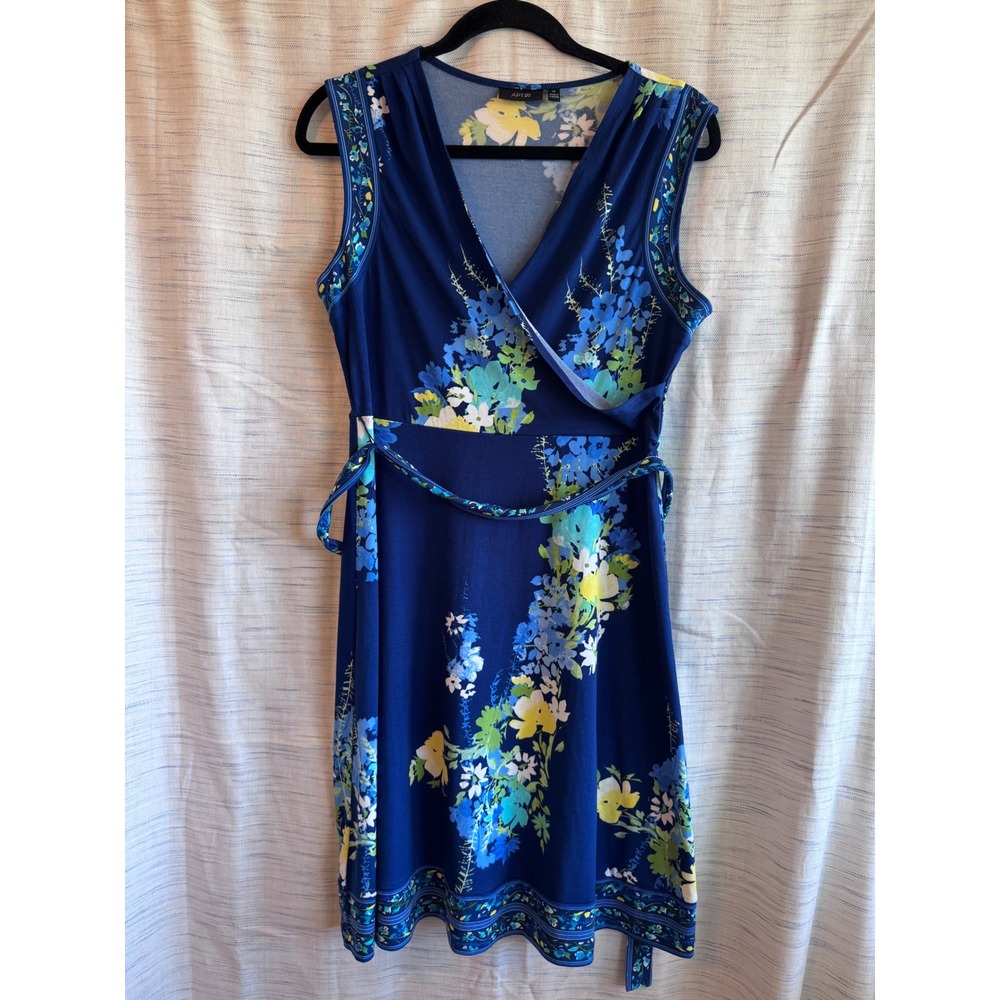 Apt 9 Womens Blue Floral Faux Wrap Dress Sleeveless Surplice Knee Length Size M